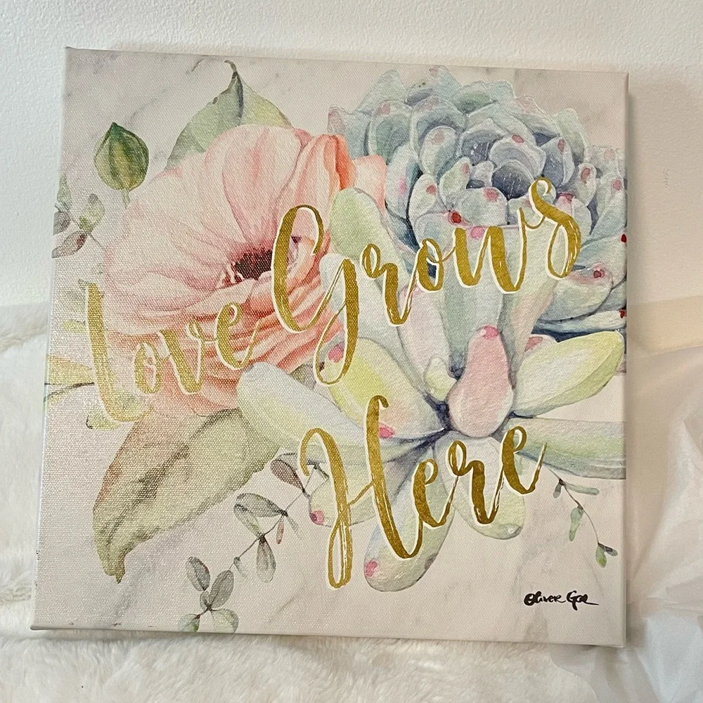 “Love Grows Here” Oliver Gal Pink and Green Art & Decals Wall Decor